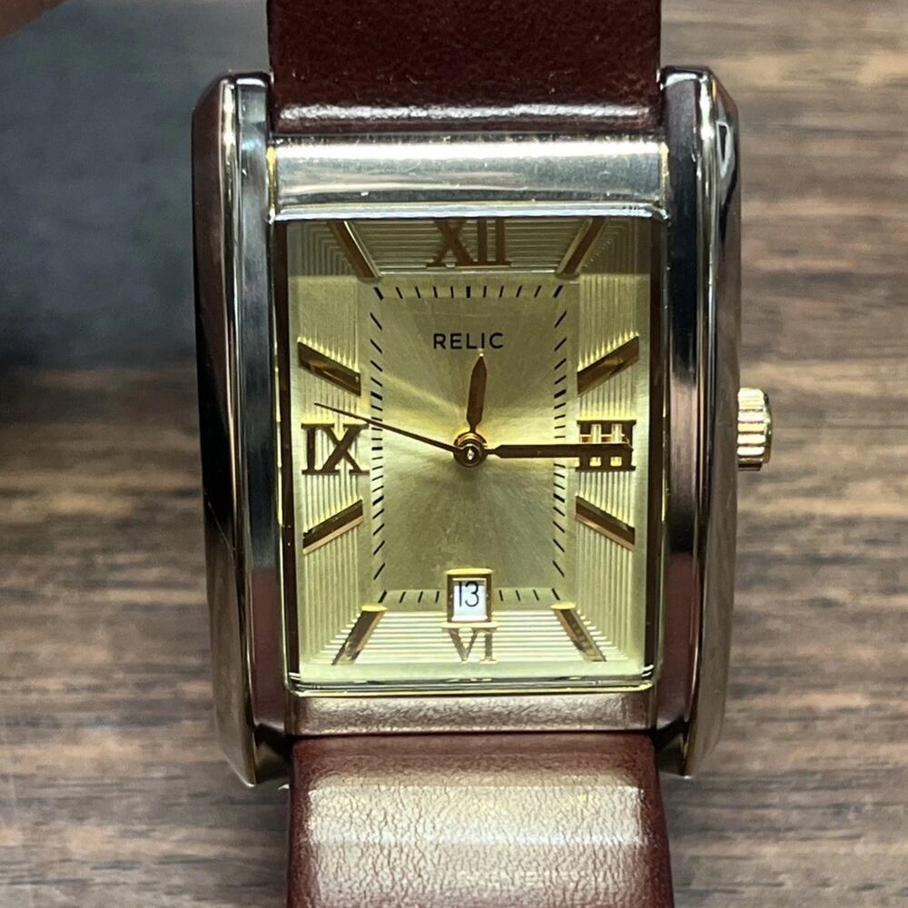 Relic Watch Tank Quartz Analog Date Roman Numerals ZR77110 New Battery